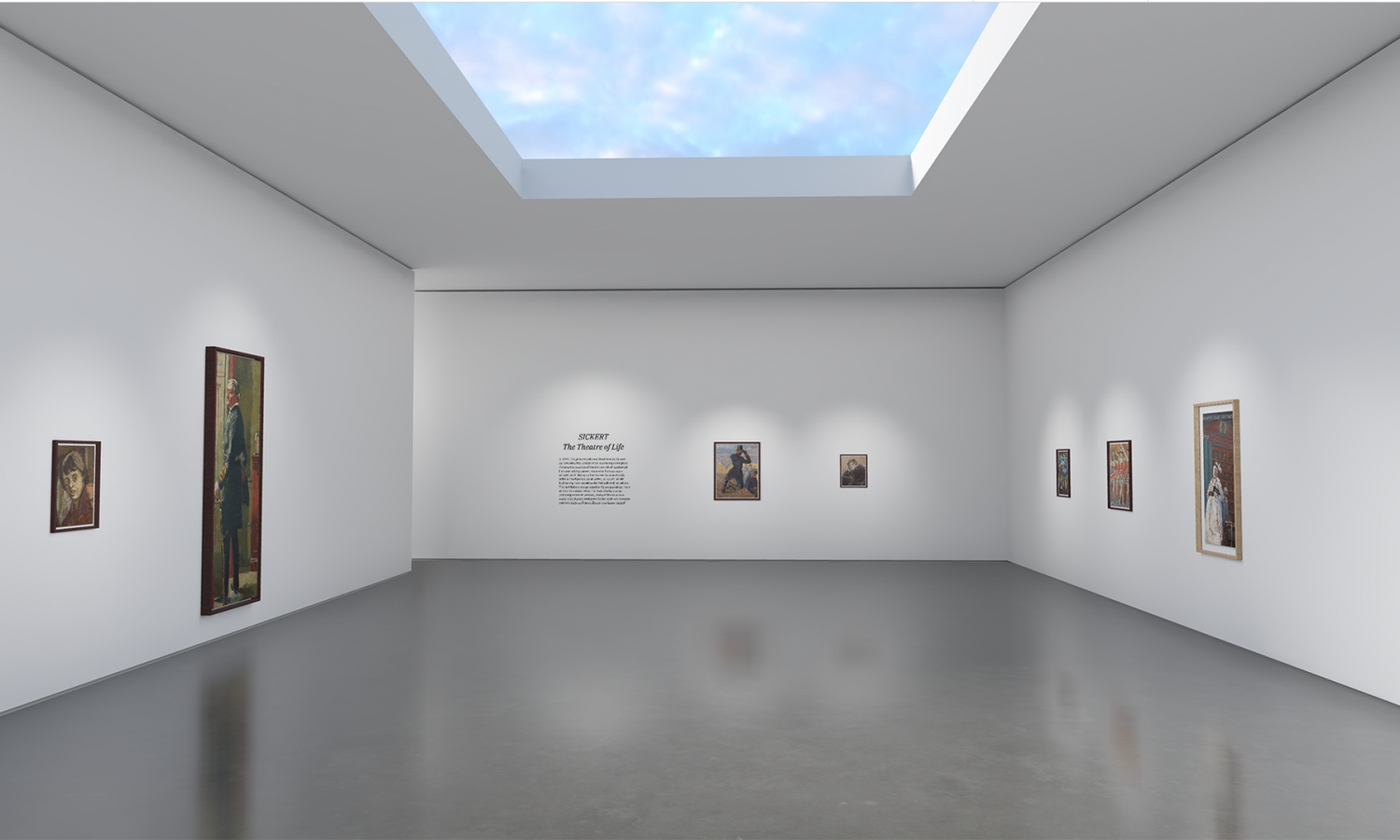 Images shows a Sickert exhibition installed in a virtual gallery space with a skylight showing the open sky