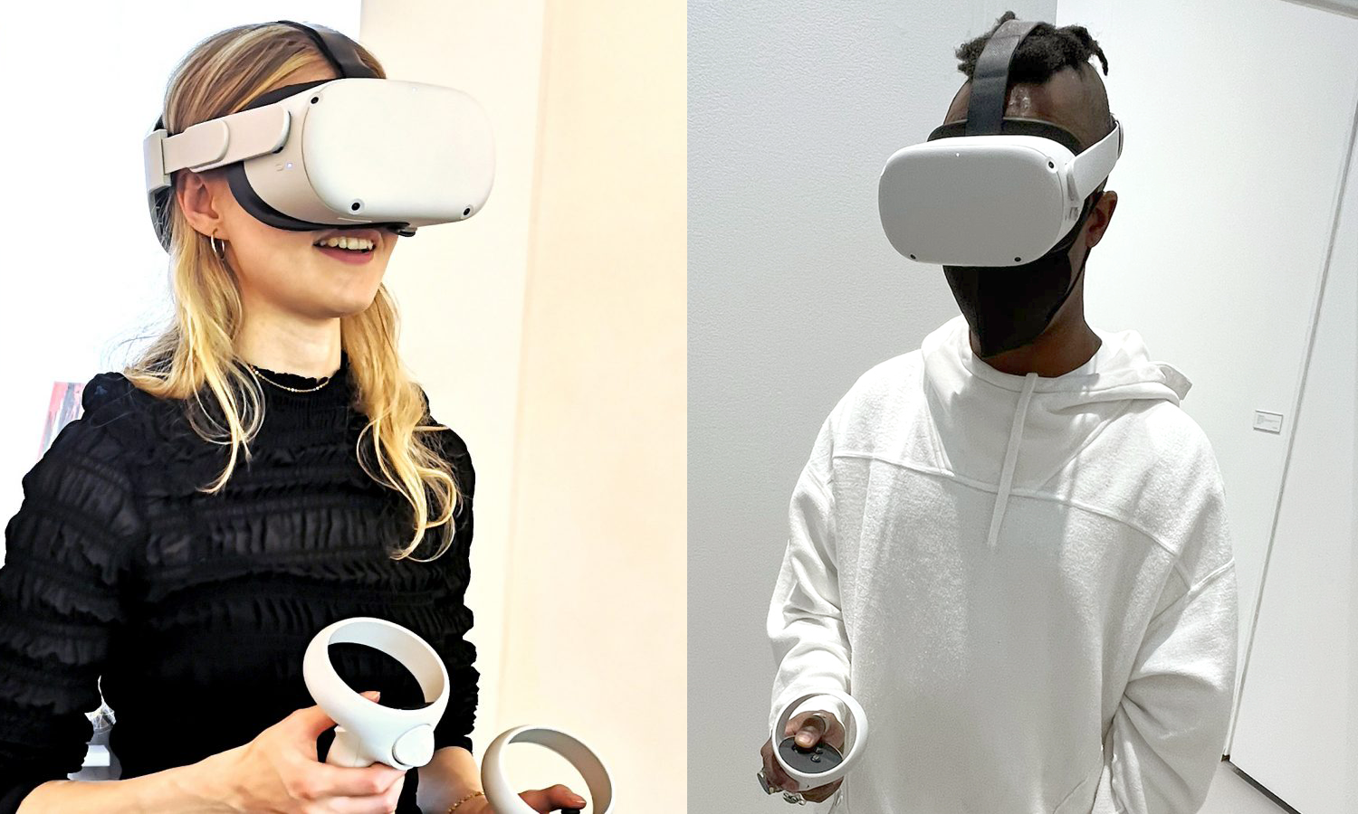 Two images next two each other. A woman wearing black and a man wearing white are both wearing VR headsets in different locations