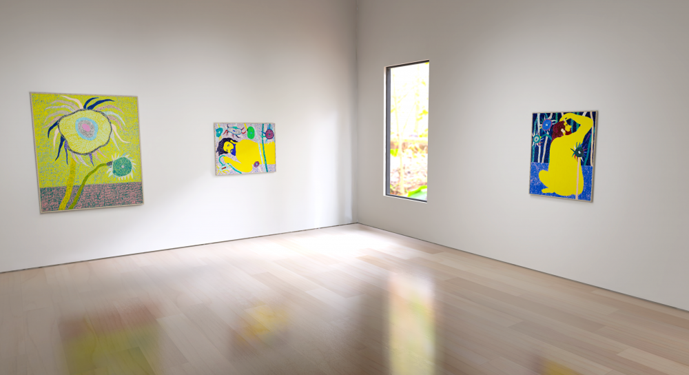 3 paintings by Simon Demeuter on the wall of a virtual Vortic gallery space
