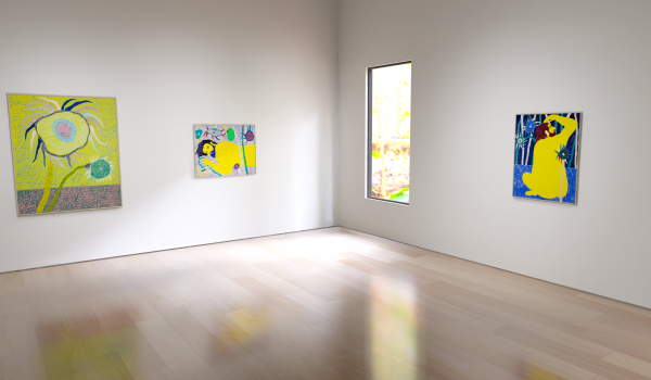3 paintings by Simon Demeuter on the wall of a virtual Vortic gallery space